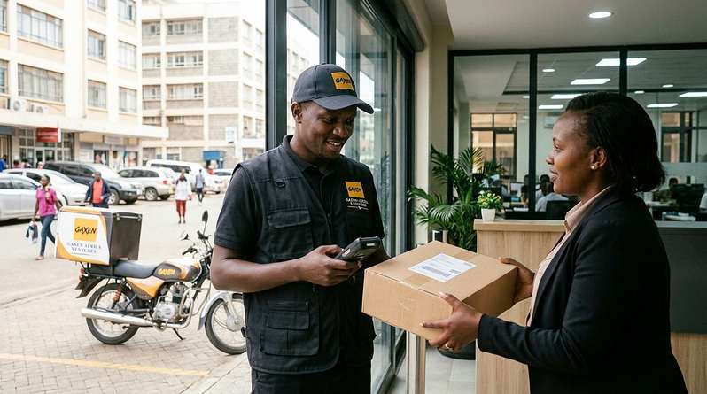 GAXEN courier handing a package at an office reception