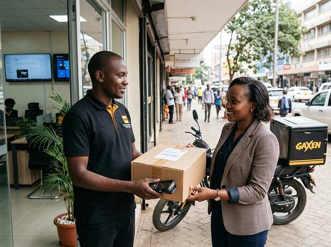 GAXEN courier delivering a package at a storefront