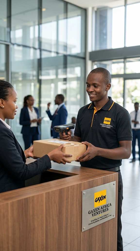 GAXEN courier handing a box at an office reception