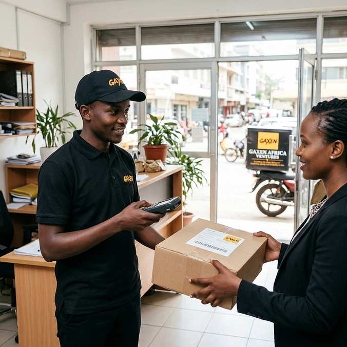 GAXEN courier package handoff at an office reception