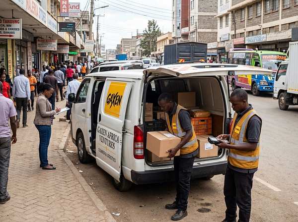 GAXEN team loading a delivery van on a Kenyan city street