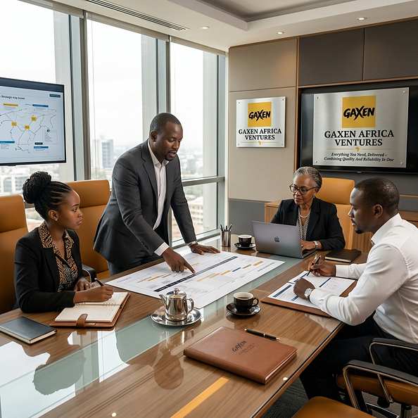 GAXEN team reviewing a wall chart in a standing meeting