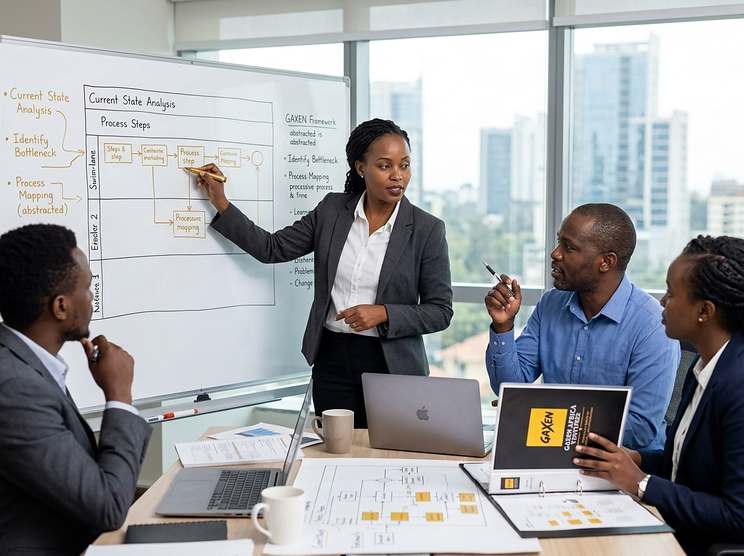 GAXEN team mapping a process on a whiteboard